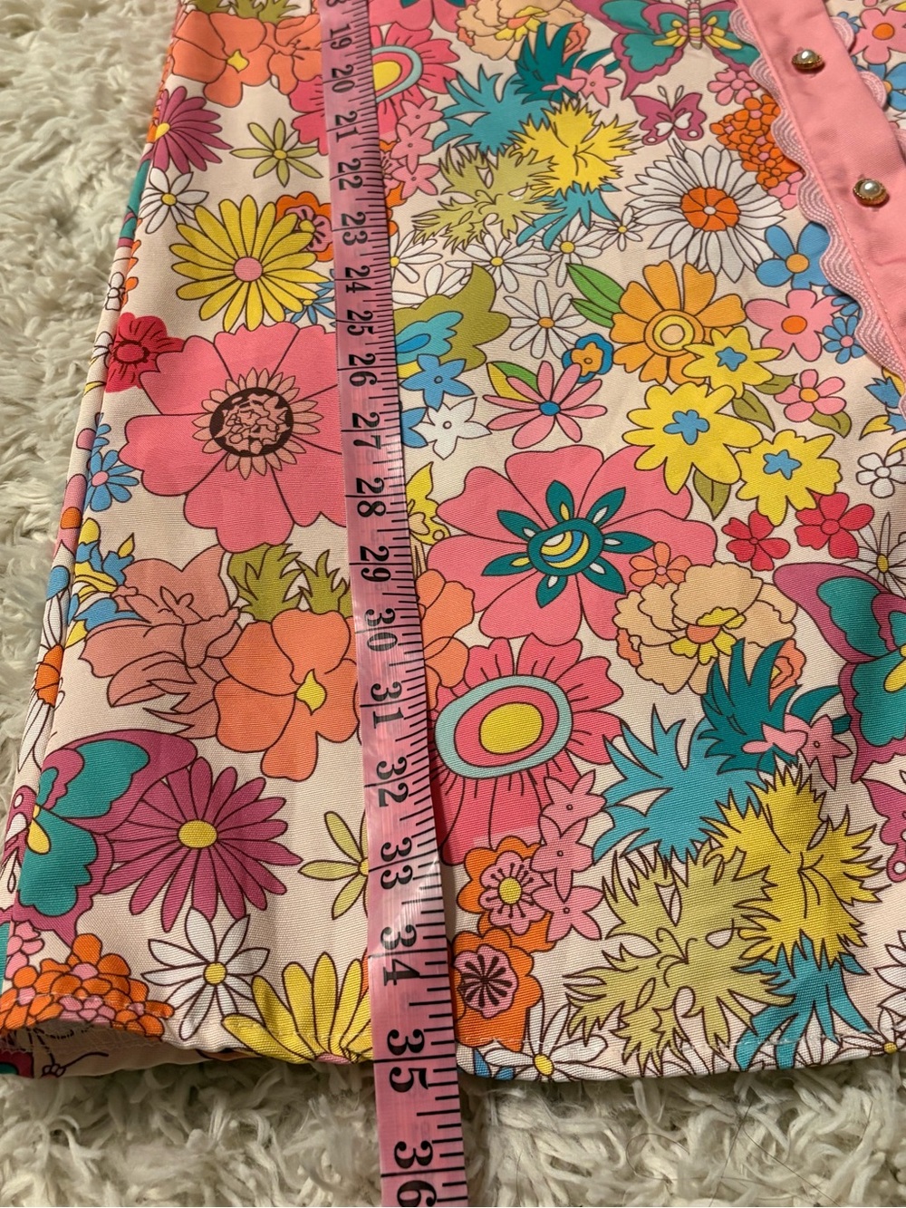 Pink Floral Button Front Scallop Trim Puff Short Sleeve Mini Shift Dress - Picture 7 of 7
